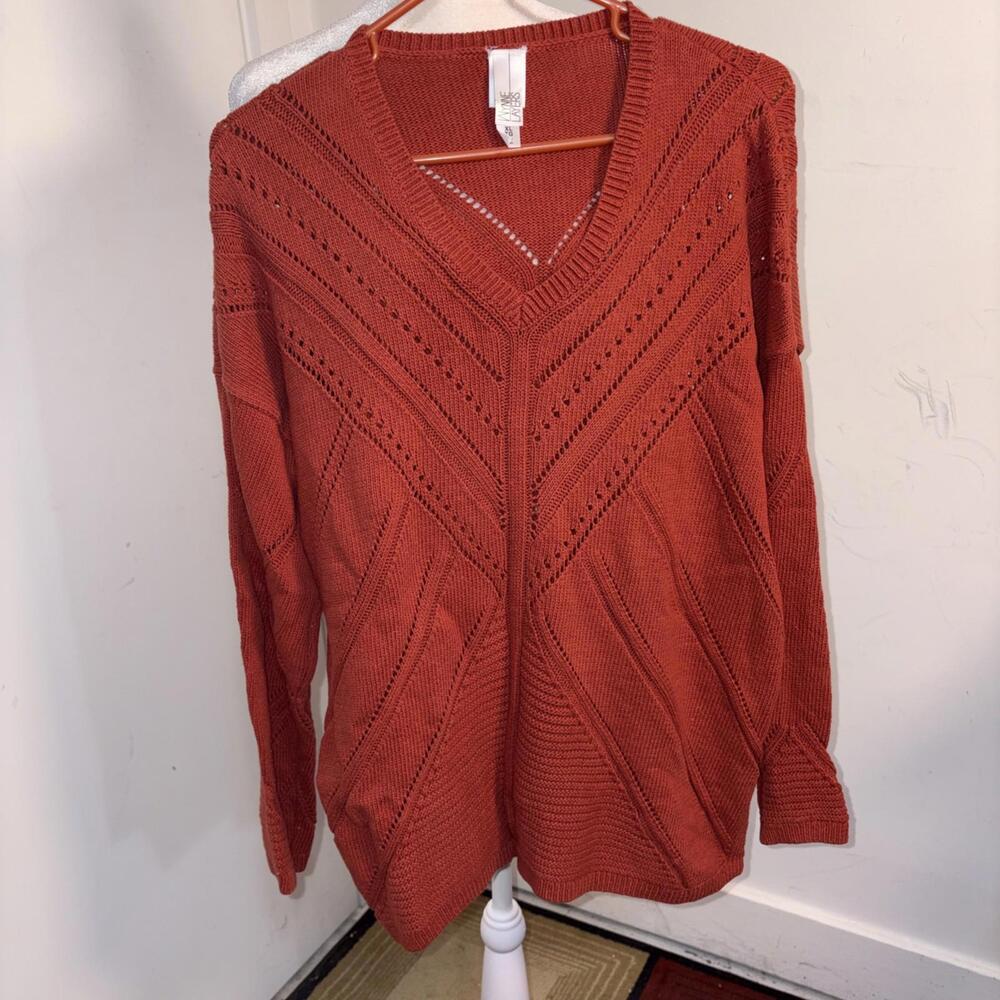 Wynne Layers vibrant orange knit‎ v-neck sweater.